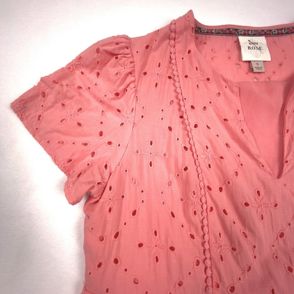 Knox Rose Womens Coral Pink Eyelet Tiered Mini Dress Short Sleeve Size S - Picture 3 of 7